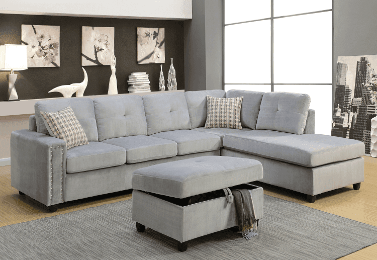Belville Gray Velvet Reversible L Shape Sectional Sofa w/Pillows - Ornate Home