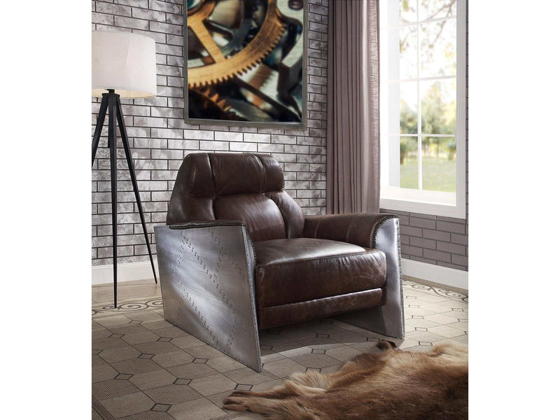 Brancaster Espresso Top Grain Leather & Aluminum Accent Chair - Ornate Home