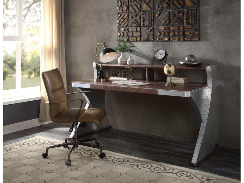Brancaster Retro Brown Top Grain Leather & Aluminum Desk - Ornate Home