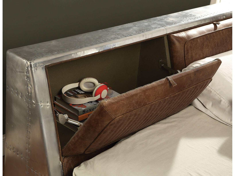 Brancaster Retro Brown Top Grain Leather & Aluminum Queen Bed - Ornate Home