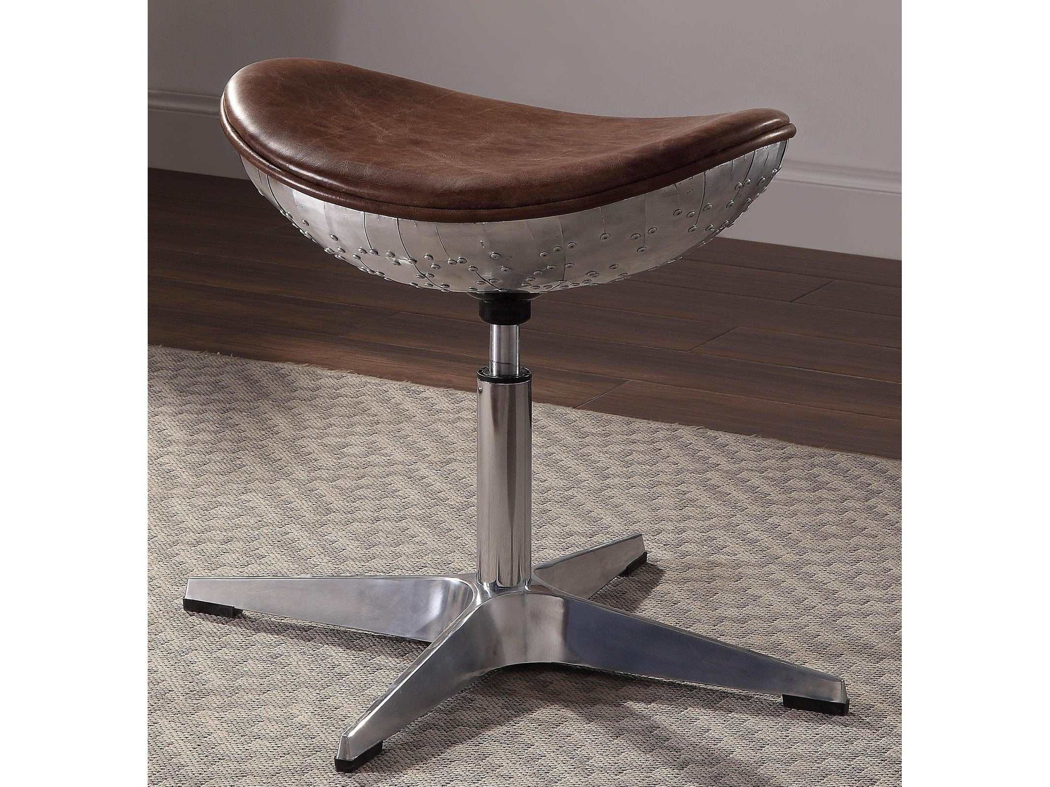 Brancaster Retro Brown Top Grain Leather & Aluminum Stool - Ornate Home