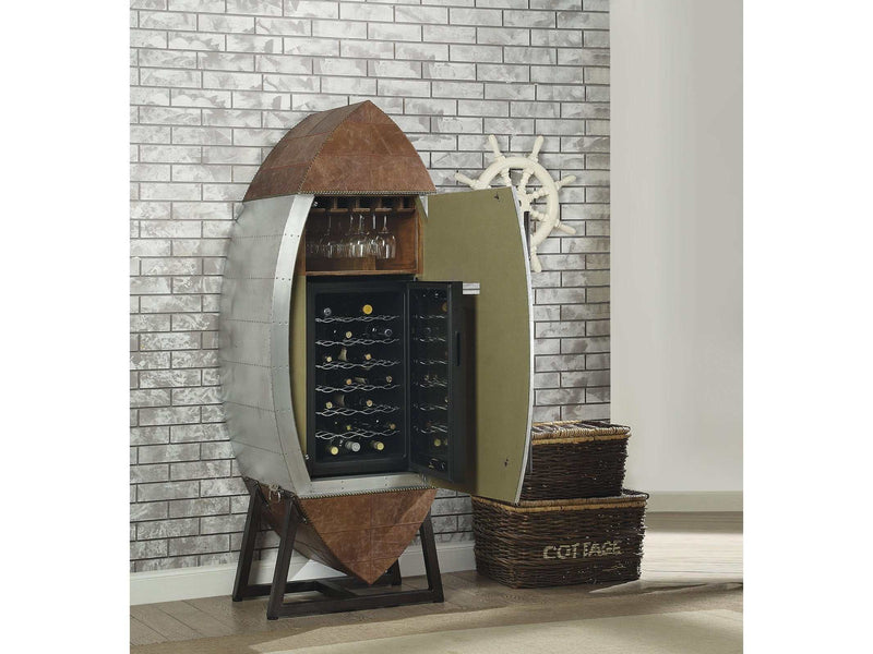 Brancaster Retro Brown Top Grain Leather & Aluminum Wine Cabinet & Cooler - Ornate Home