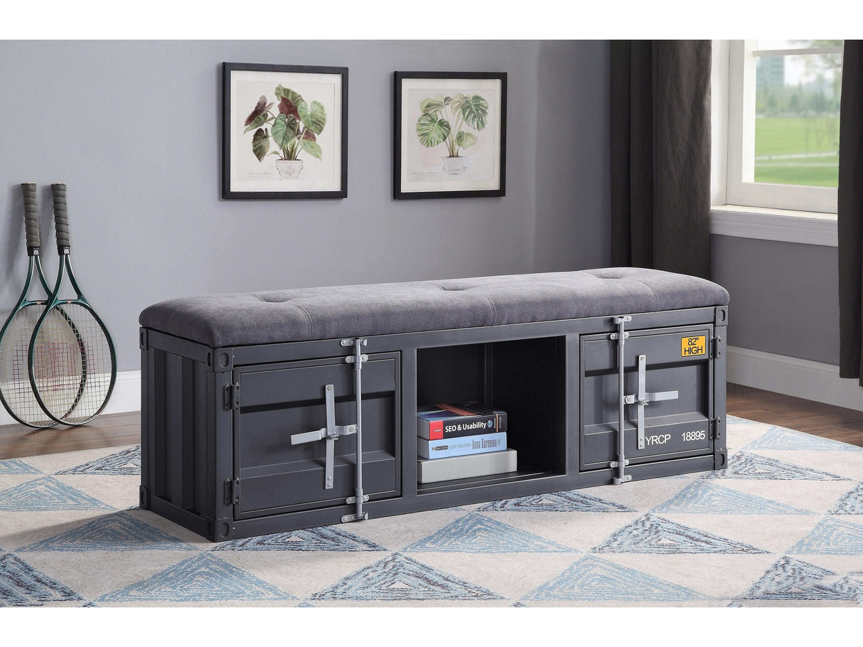 Cargo Gray Fabric & Gunmetal Bench (Storage) - Ornate Home