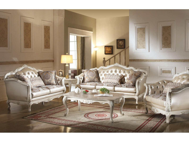 Chantelle Rose Gold PU/Fabric & Pearl White Sofa w/3 Pillows - Ornate Home