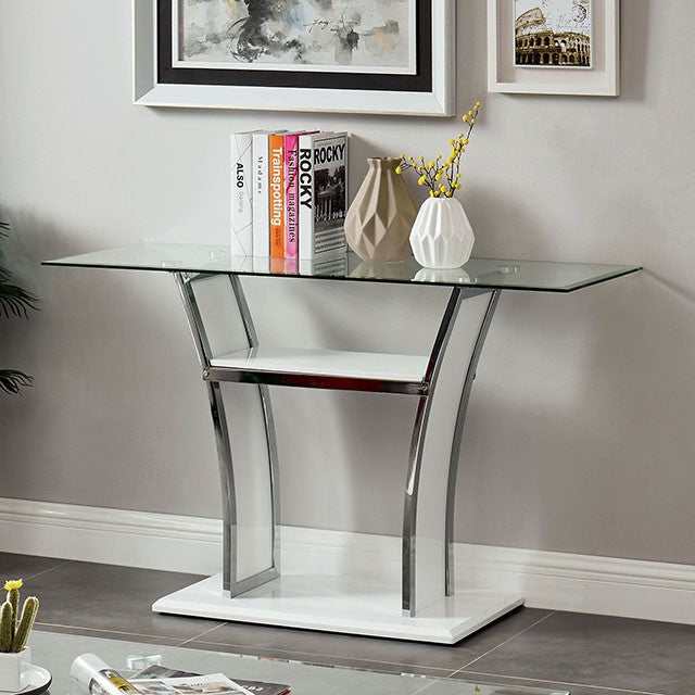 Staten Glossy White/Chrome Sofa Table - Ornate Home