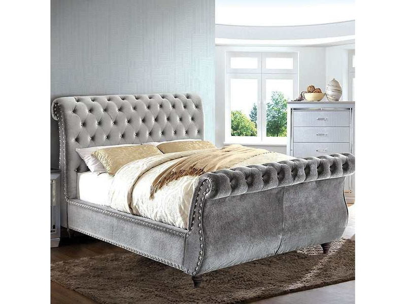 Noella - Gray Velvet - E. King/King Sleigh Bed - Ornate Home