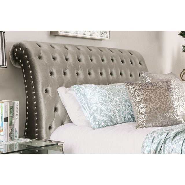 Noella - Gray Velvet - E. King/King Sleigh Bed - Ornate Home