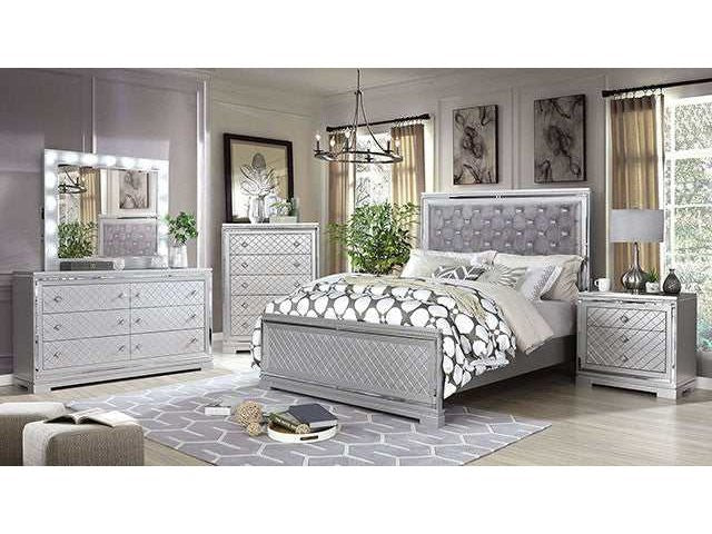 Belleterre Gray/Silver & Mirrored 4pc Queen Panel Bedroom Set - Ornate Home