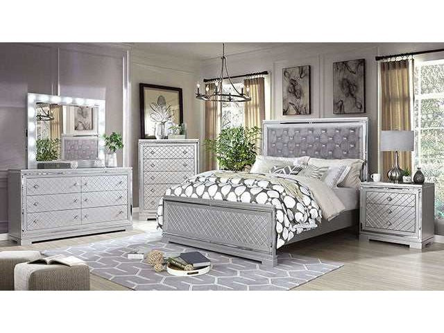 Belleterre Gray/Silver & Mirrored 5pc Queen Panel Bedroom Set - Ornate Home