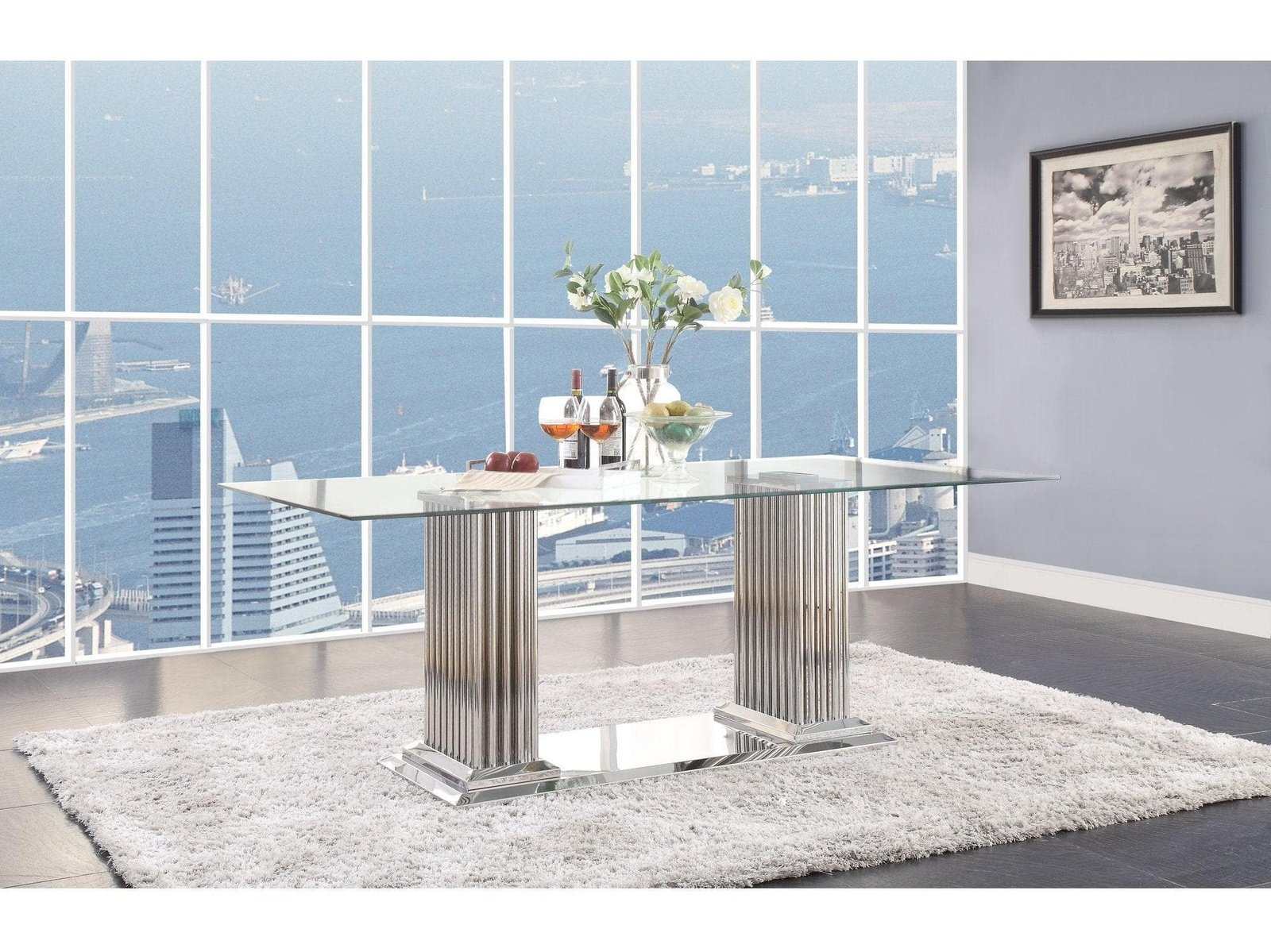 Cyrene Clear Tempered Glass & Stainless Steel Dining Table - Ornate Home