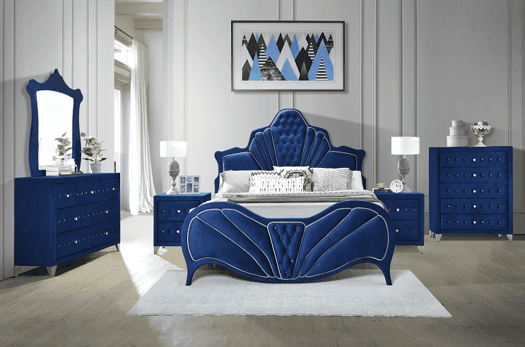 Dante Blue Velvet Eastern King Bed - Ornate Home
