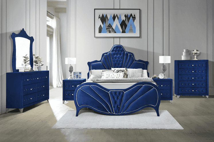 Dante Blue Velvet Queen Bed - Ornate Home