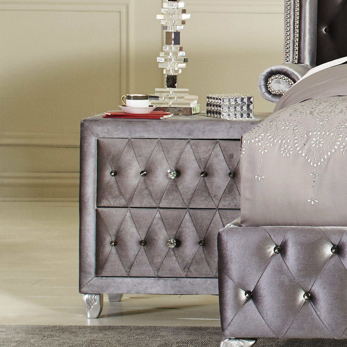 Deanna Grey velvet Nightstand - Ornate Home