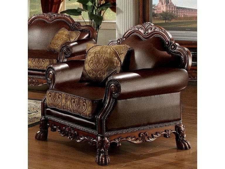 Dresden Brown PU & Chenille, Cherry Oak Chair & 1 Pillow - Ornate Home