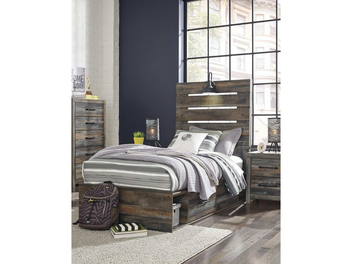 Drystan Multi Tone Twin Panel Bed w/ 2 Storage Drawers - Ornate Home