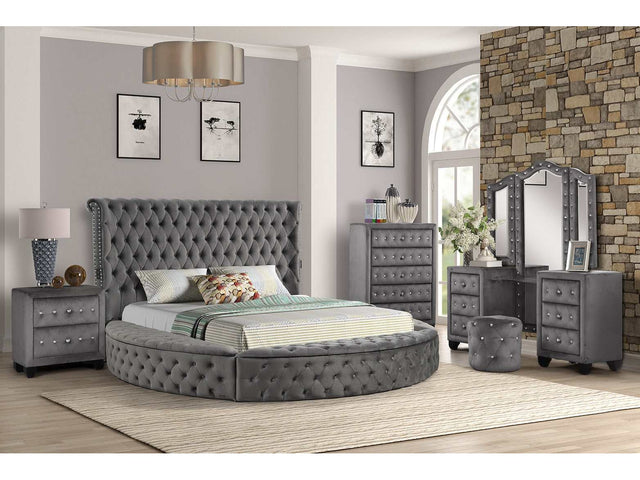 Hazel Gray Tufted Velvet King Vanity Bedroom Set / 5pc - Ornate Home