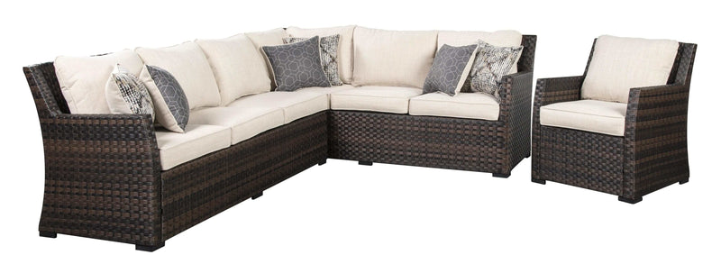 Easy Isle Dark Brown/Beige Sectional Sofa w/ Chair (3pc set) - Ornate Home