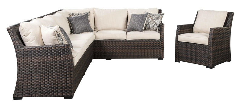 Easy Isle Dark Brown/Beige Sectional Sofa w/ Chair (3pc set) - Ornate Home