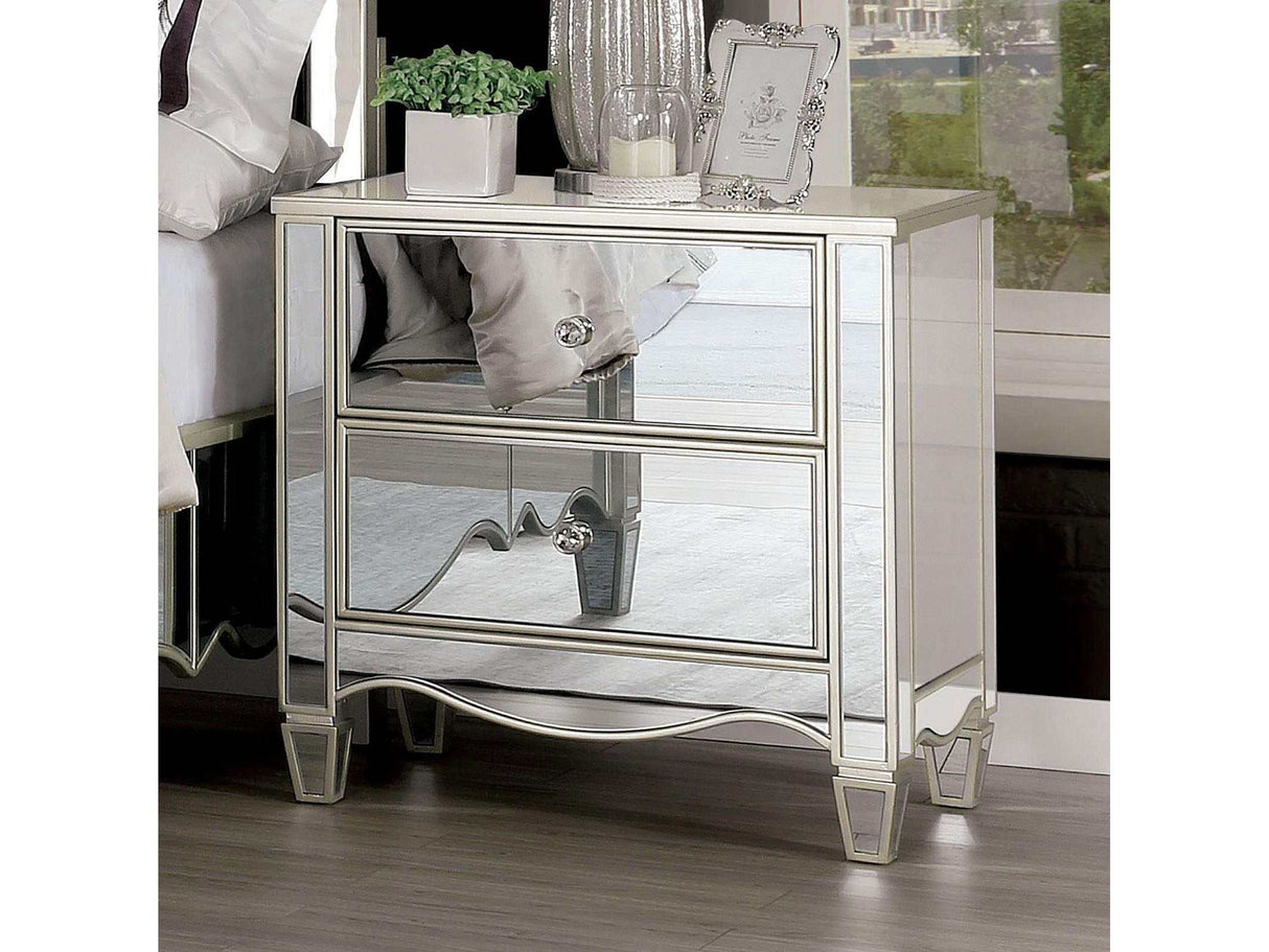 Eliora Silver & Mirrored Nightstand w/ USB Plug - Ornate Home