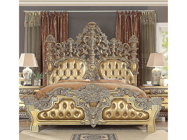 Seville Tan PU & Gold Finish Eastern King Bed - Ornate Home