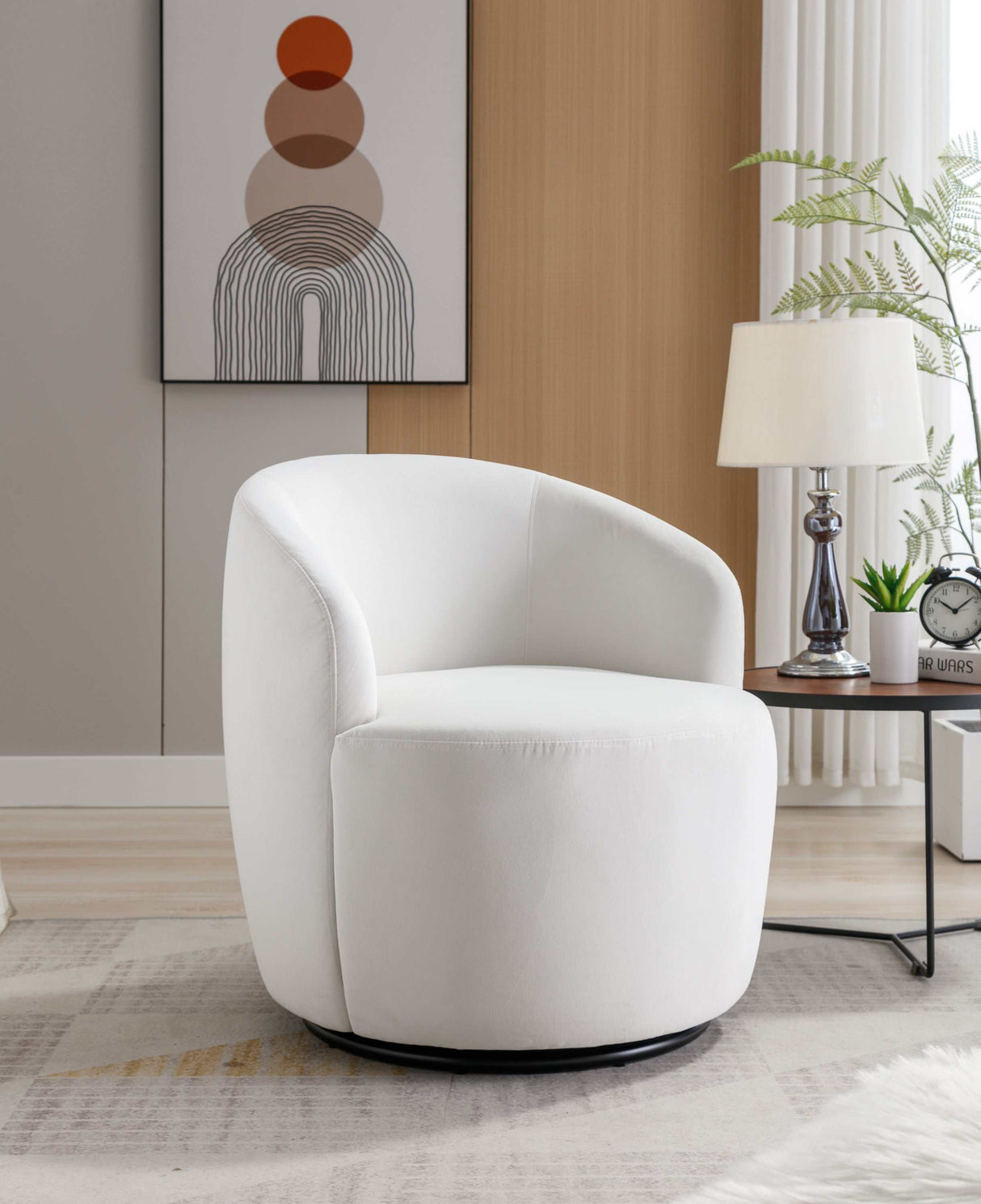 Tule Velvet Swivel Accent Armchair with Metal Ring Detail White - Ornate Home