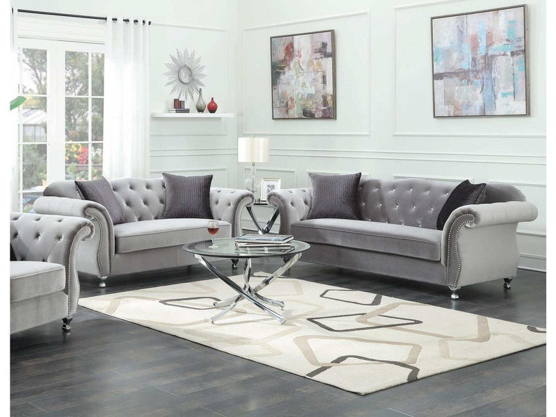 Frostine Silver Velvet 2pc Living Room Set - Ornate Home