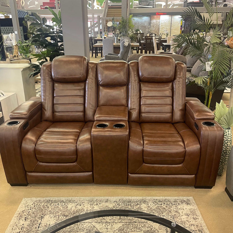 Backtrack Chocolate Power Reclining Loveseat w/ Console - Ornate Home