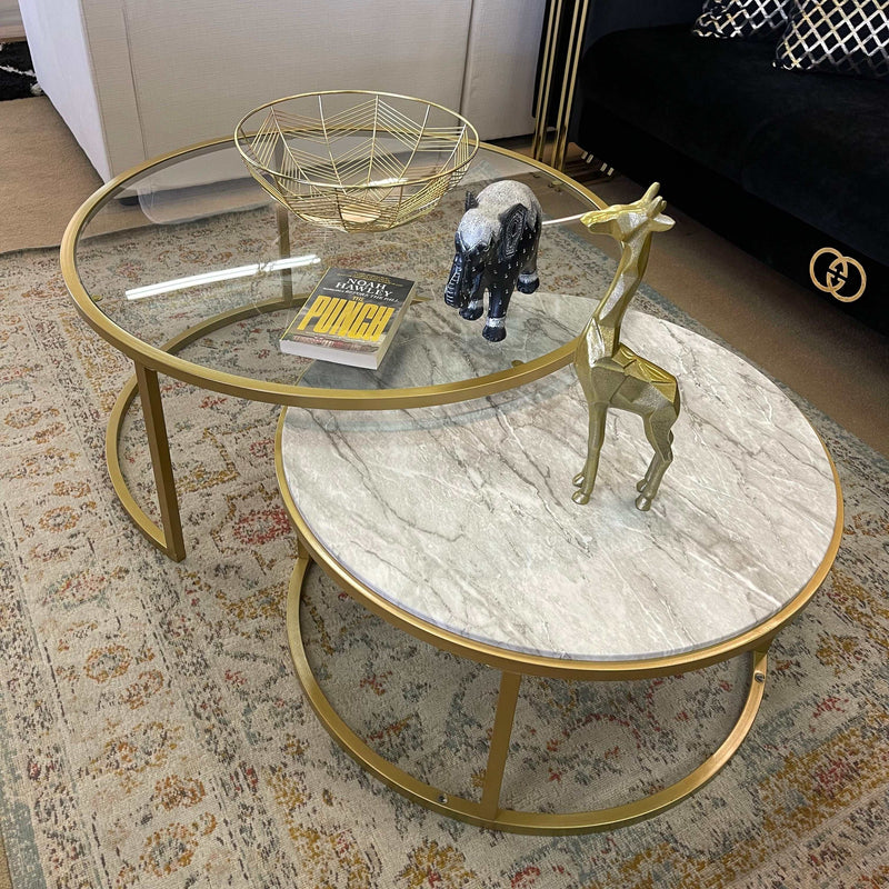 Shanish Nesting Table Set (2Pc) Faux Marble/Glass & Gold