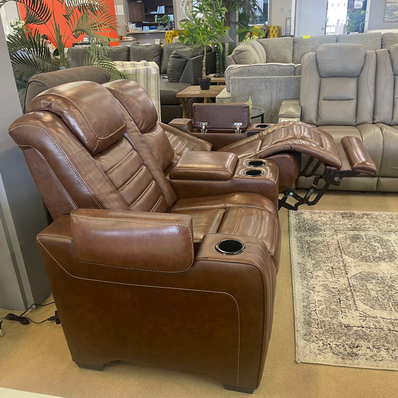 Backtrack Chocolate Power Reclining Loveseat w/ Console - Ornate Home
