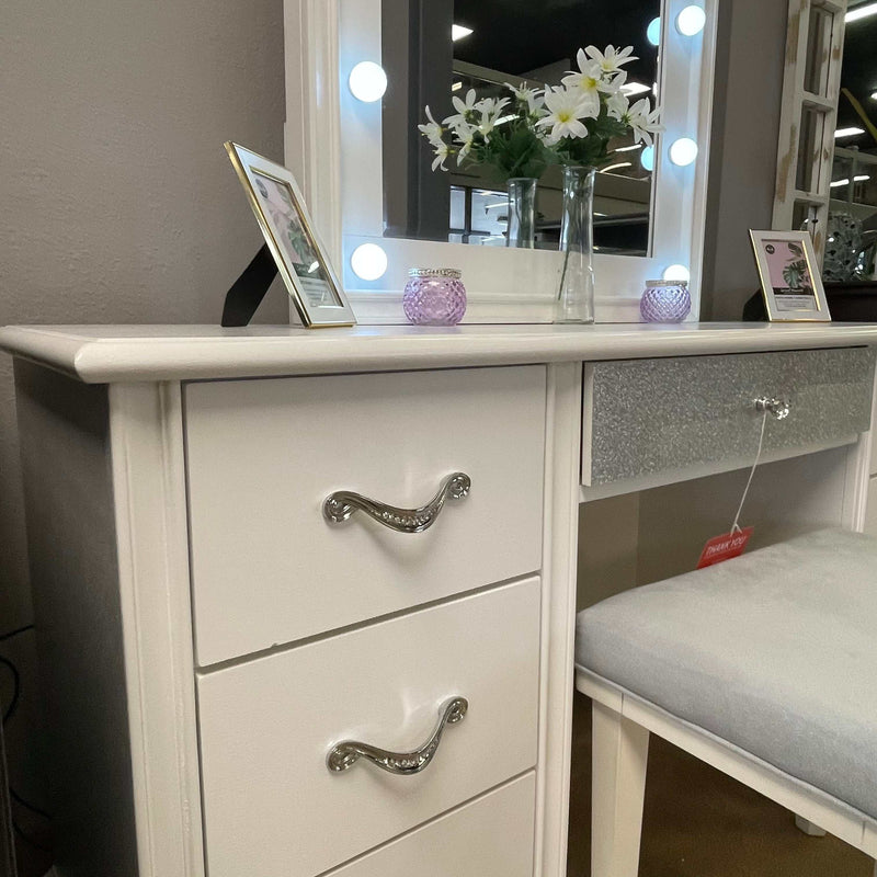 Barzini White 7 Drawer Vanity Desk w/ Lighted Mirror - Ornate Home