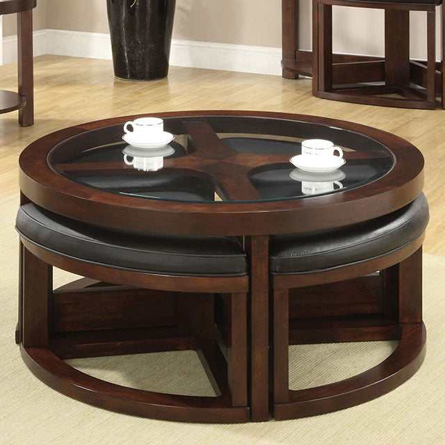 Crystal cove Dark Walnut Round Coffee Table w/ 4 Stools - Ornate Home