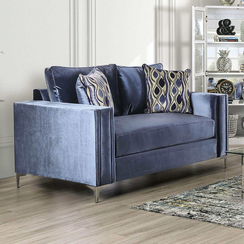 Jodie Satin Blue & Silver Stationary Sofa & Loveseat 2pc - Ornate Home