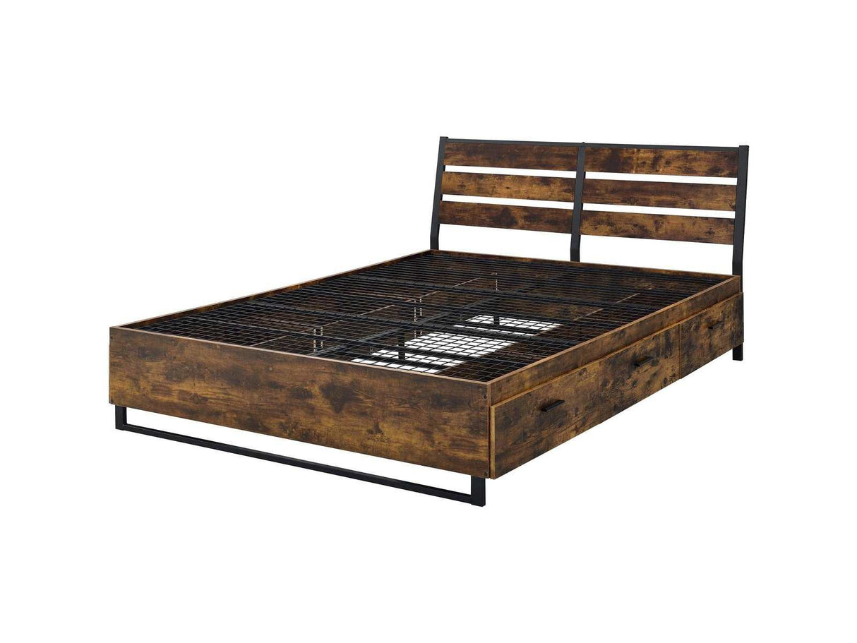 Juvanth Rustic Oak & Black Finish Bed Frame w/6 Storage Drawers - Ornate Home