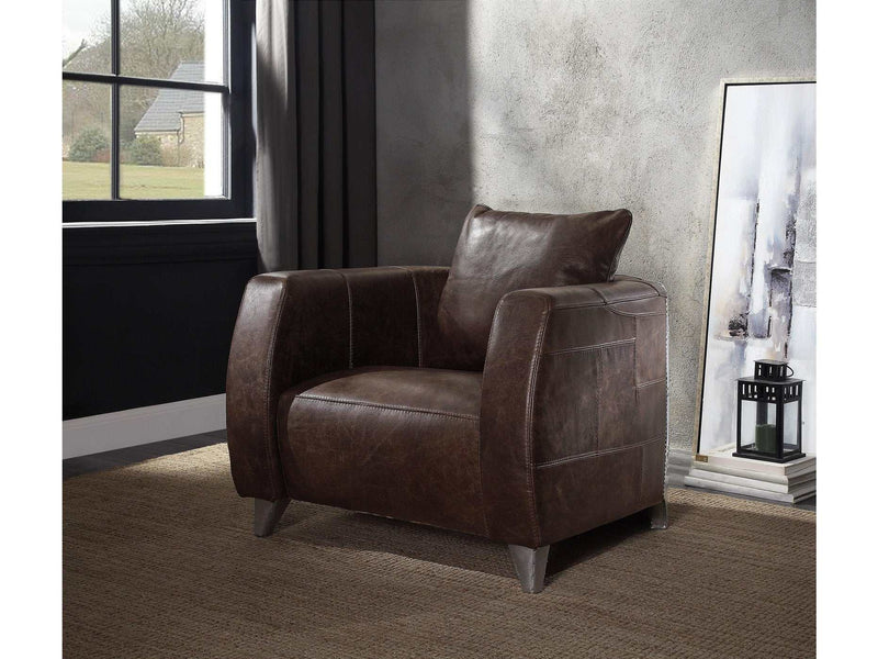 Kalona Distress Chocolate Top Grain Leather & Aluminum Accent Chair - Ornate Home