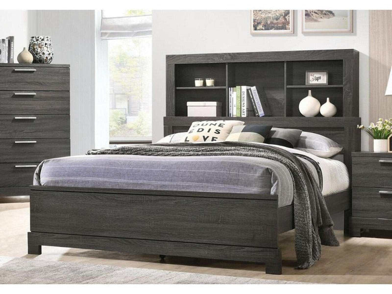 Lantha Gray Oak Queen Panel Bed w/ Bookcase HB - Ornate Home