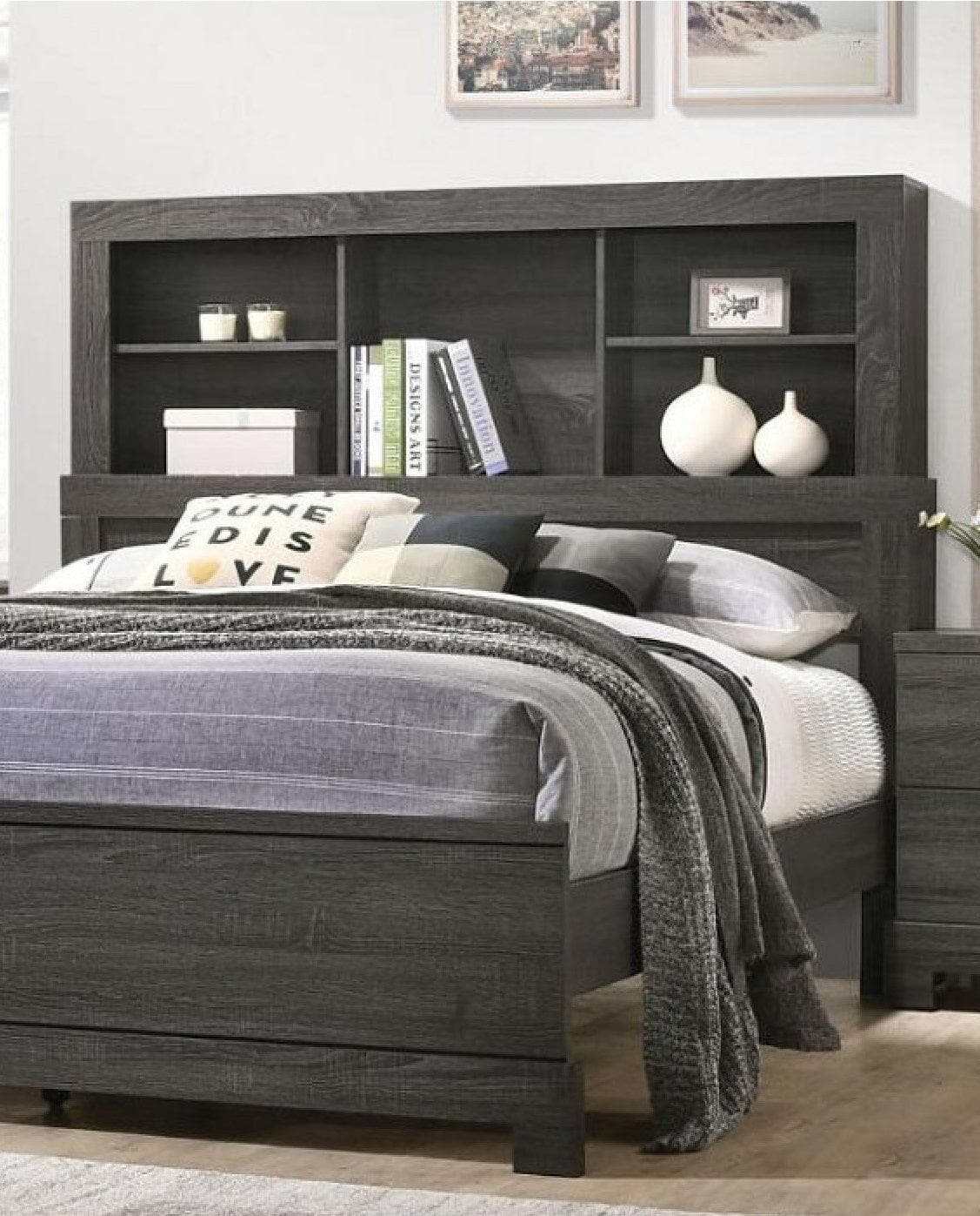 Lantha Gray Oak Queen Panel Bed w/ Bookcase HB - Ornate Home