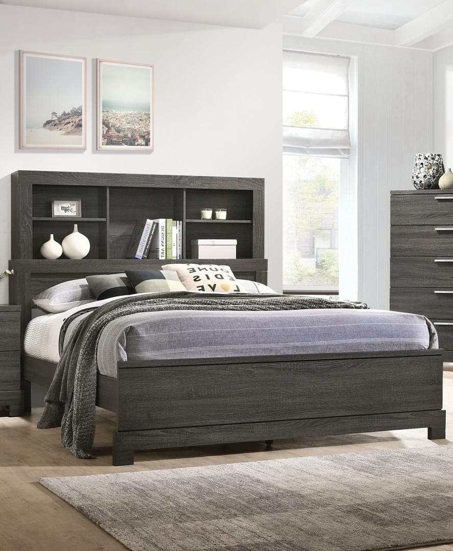 Lantha Gray Oak Queen Panel Bed w/ Bookcase HB - Ornate Home