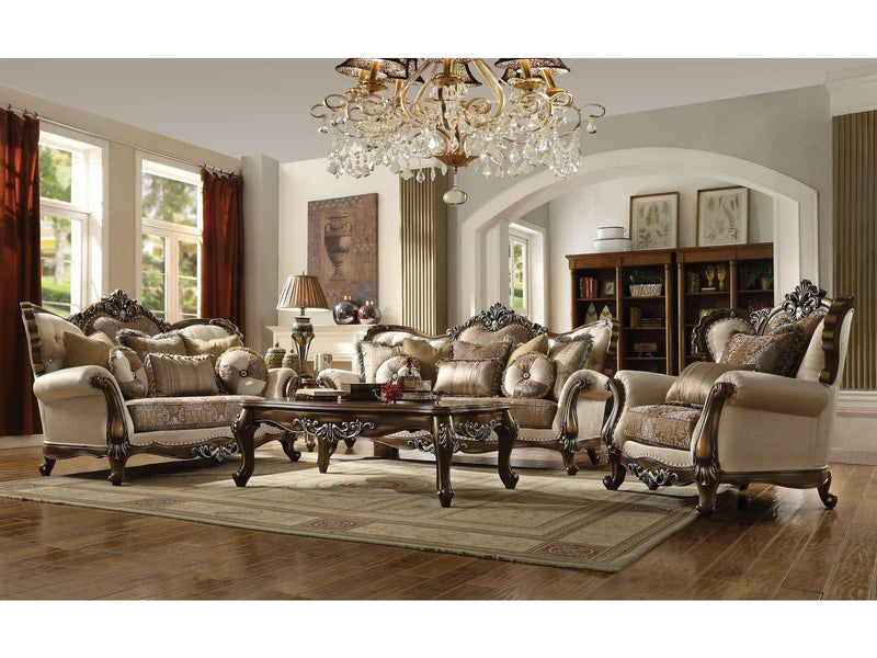 Latisha Tan, Pattern Fabric & Antique Oak Sofa w/6 Pillows - Ornate Home