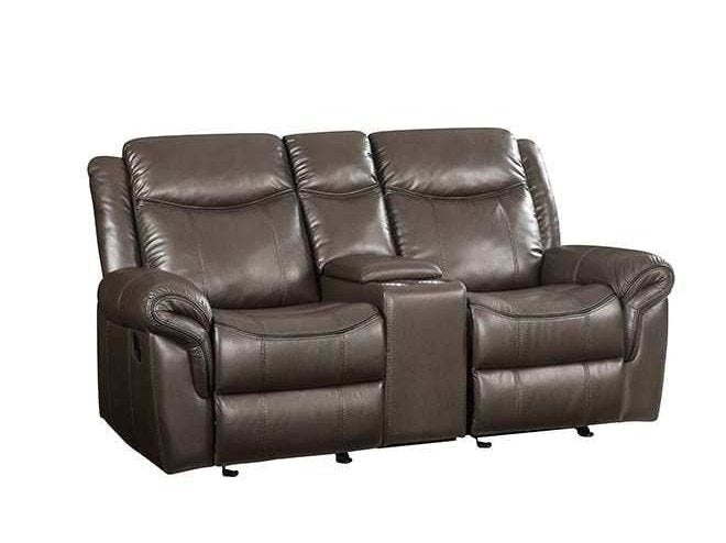 Lydia Brown Faux Leather Manual Reclining Loveseat w/ Console - Ornate Home