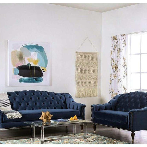 Blue tufted sofa set hot sale