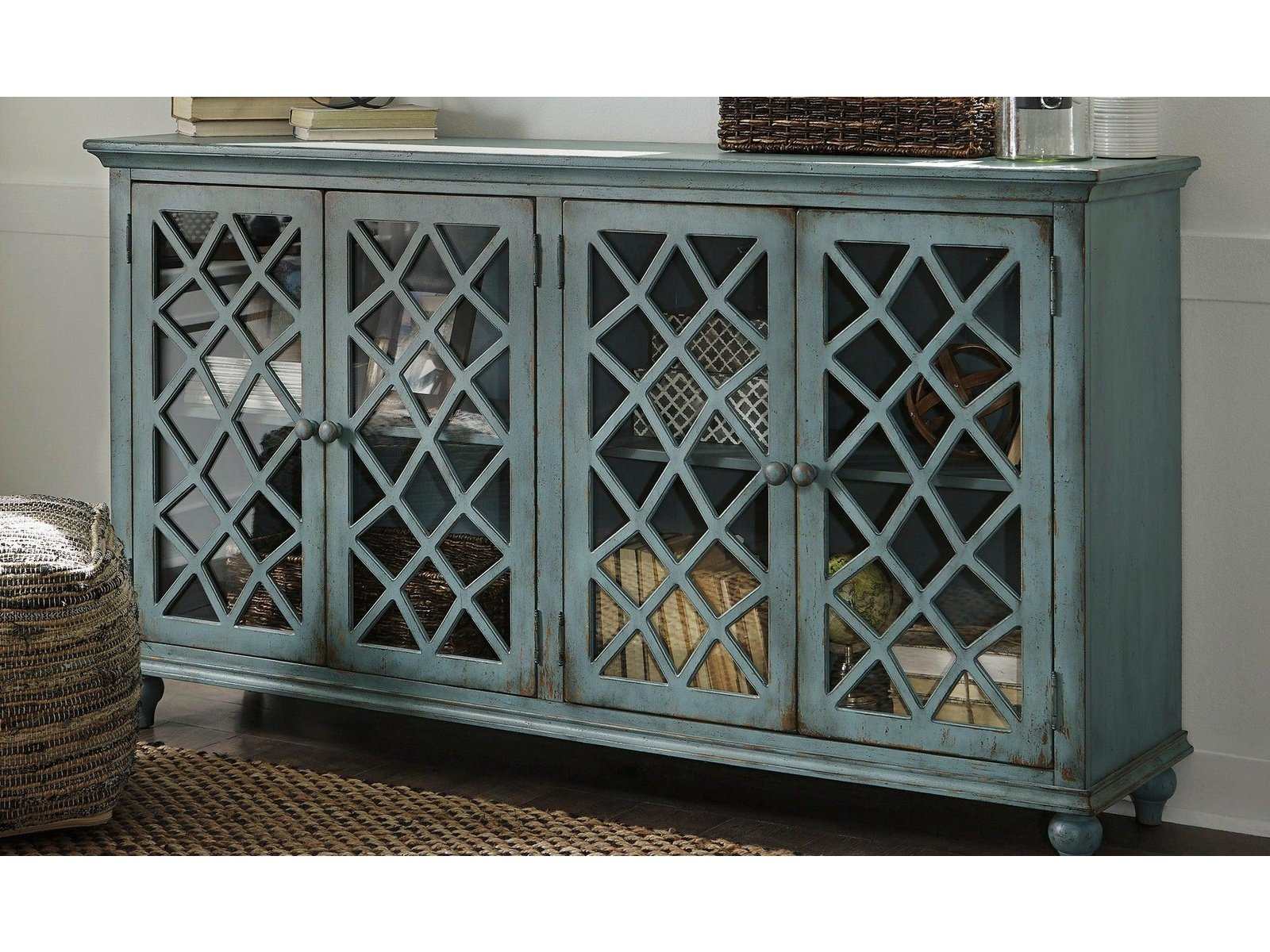Mirimyn Antique Teal Accent Cabinet W 4 Door Ornate Furniture