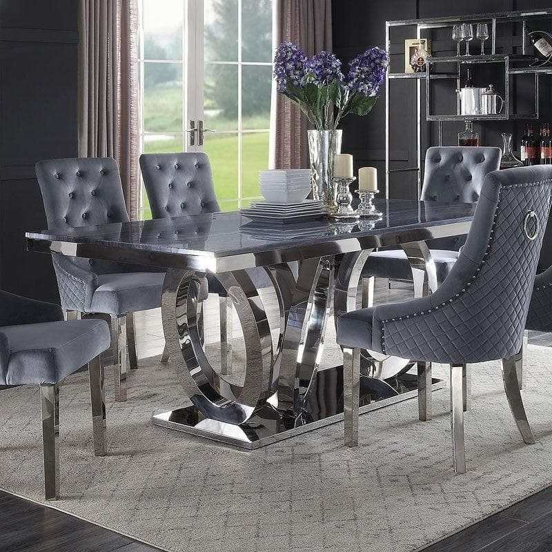 Nasir - Gray Faux Marble & Mirrored Silver - 7pc Dining Room Set - Ornate Home