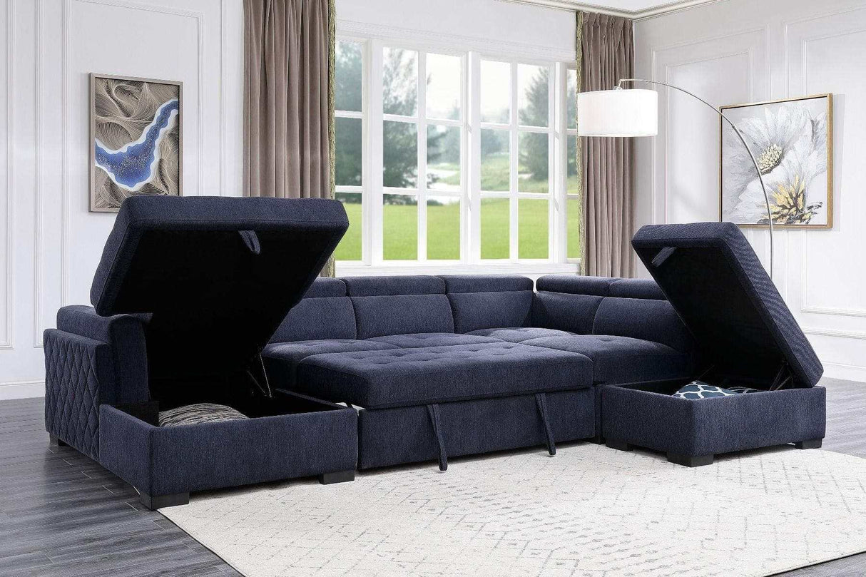 Nekoda Navy Sectional Sleeper Sofa w/ Storage & Ottoman - Ornate Home