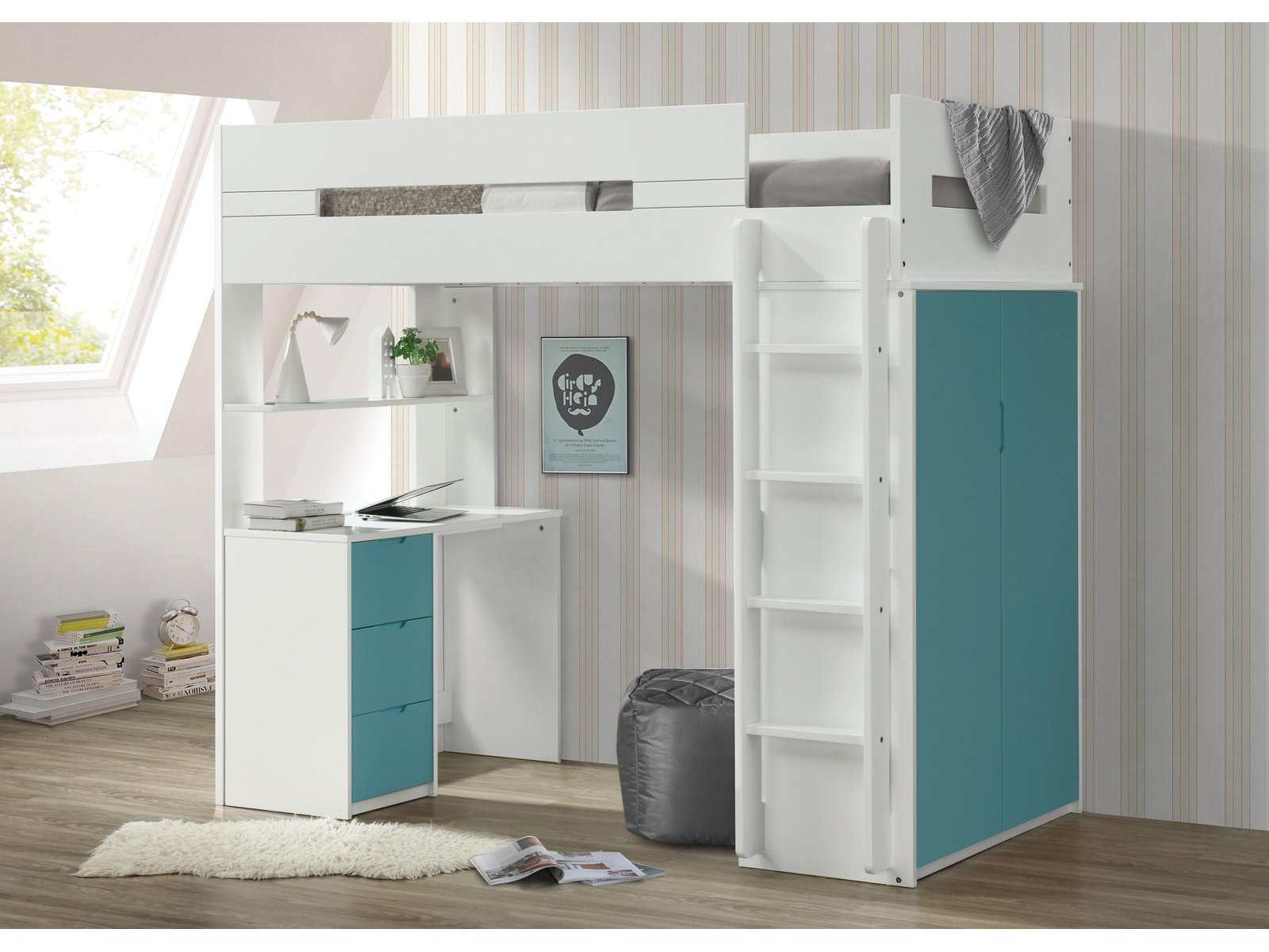 Nerice White & Teal Loft Bed - Ornate Home