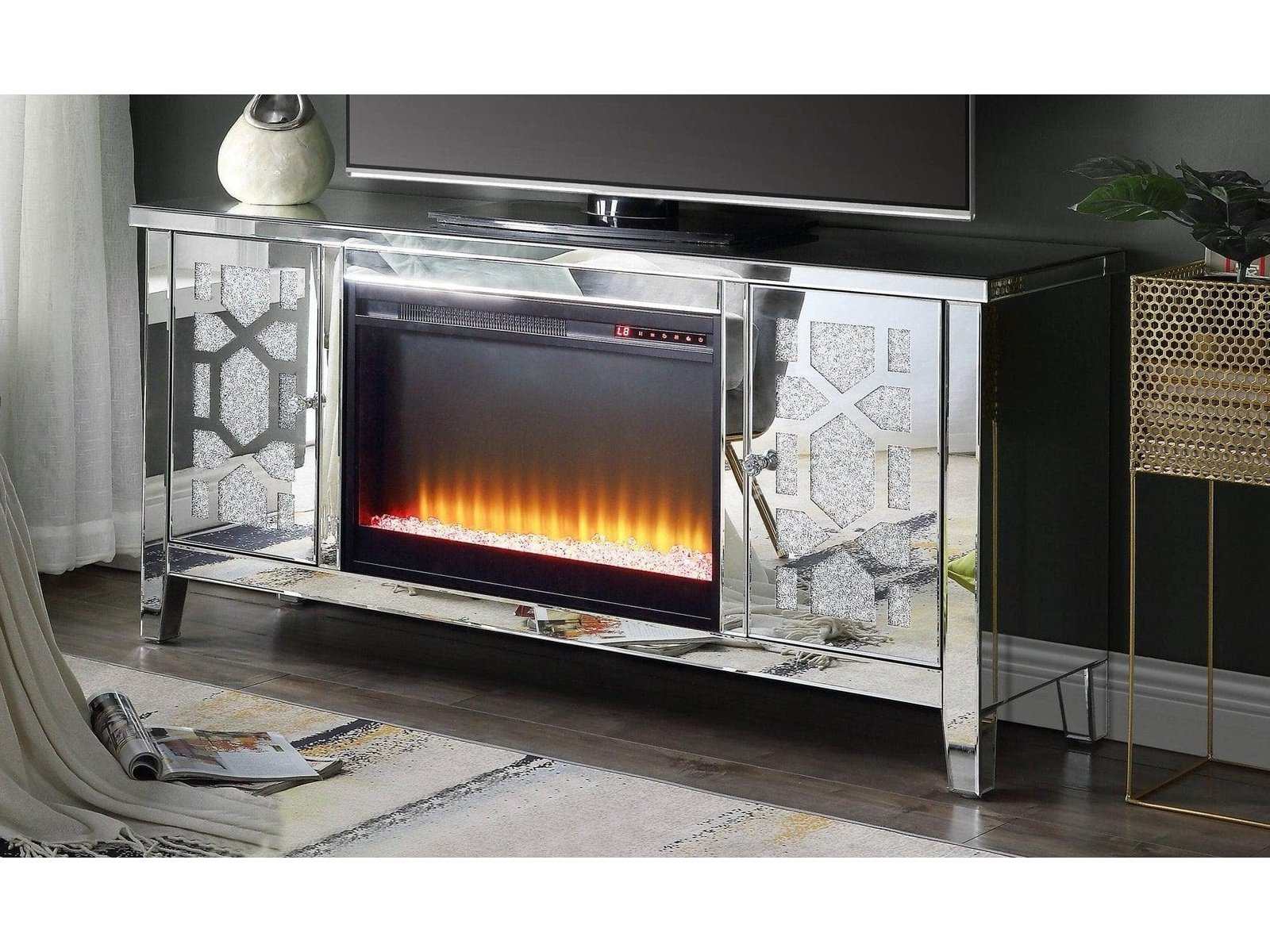 Noralie Mirrored & Faux Diamonds TV Stand w/ Fireplace Insert - Ornate Home