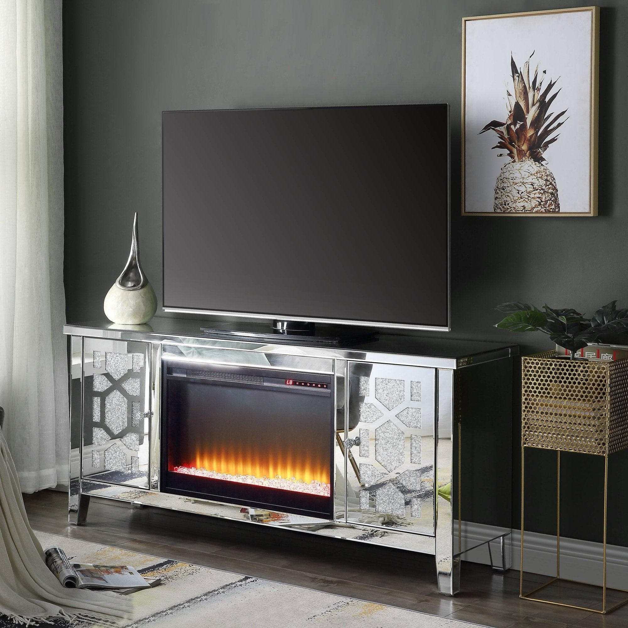 Noralie Mirrored & Faux Diamonds TV Stand w/ Fireplace Insert - Ornate Home