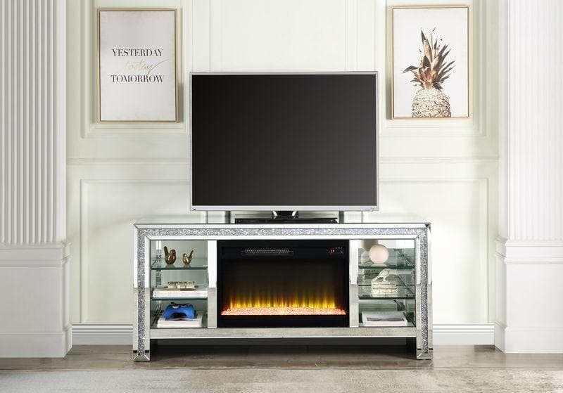 Noralie 59" TV Stand w/ LED Glass Shelves & Fireplace Insert - Ornate Home