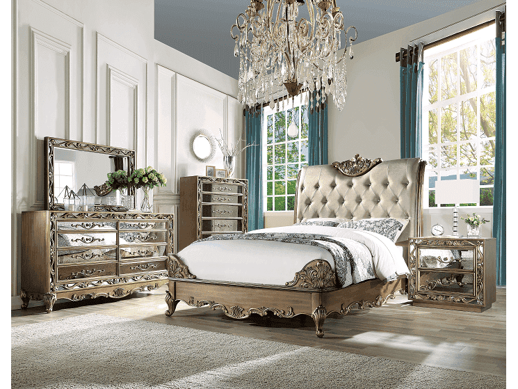 Orianne Champagne PU & Antique Gold California King Bed - Ornate Home