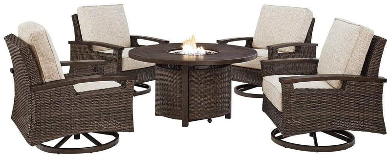Paradise Trail Medium Brown Outdoor Fire Pit Table & Chair Set / 5pc - Ornate Home