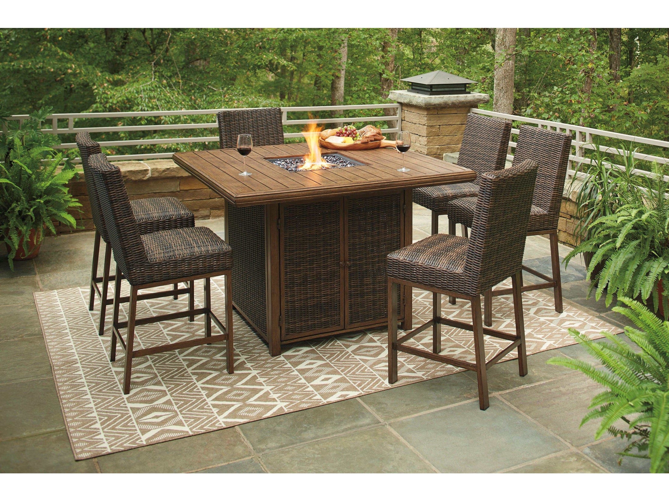 Paradise Trail Outdoor Bar Table w/ Firepit & 6 Bar Stools / 7pc Set - Ornate Home